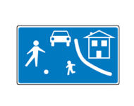 Approaching of residential area. The road space is shared among drivers and other road users. You should drive slowly and carefully and be prepared to stop to allow people extra time to make room for you to pass them in safety. Everyone has equal priority